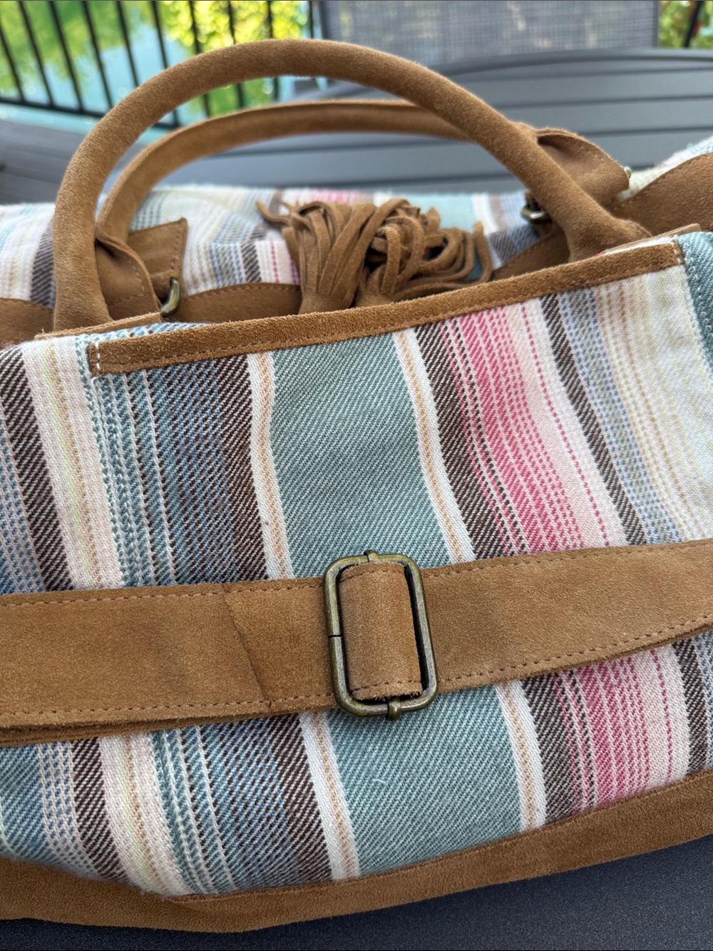 Pottery Barn Suede-Trim Striped Weekender - Tan & Pastel Stripes - Picture 5 of 15